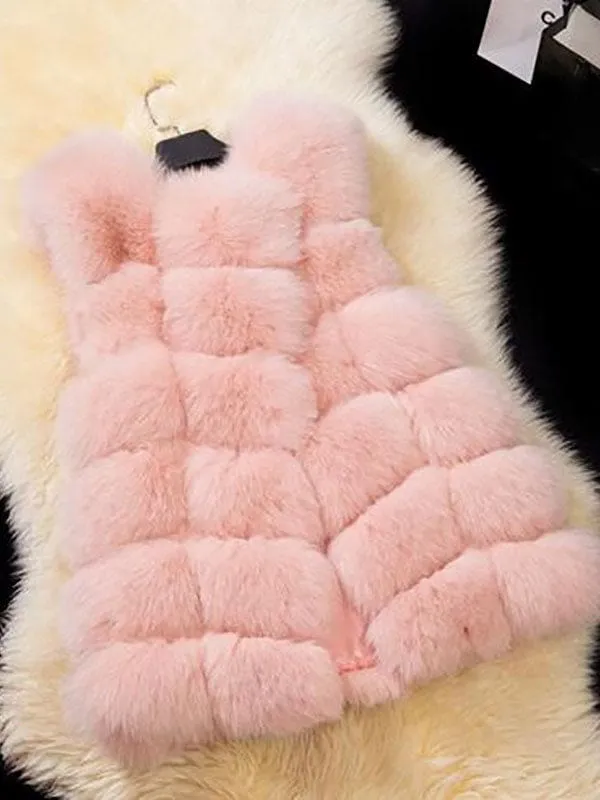 Women'S Coats Pink Sleeveless Faux Fur Coat Layered Winter Coat