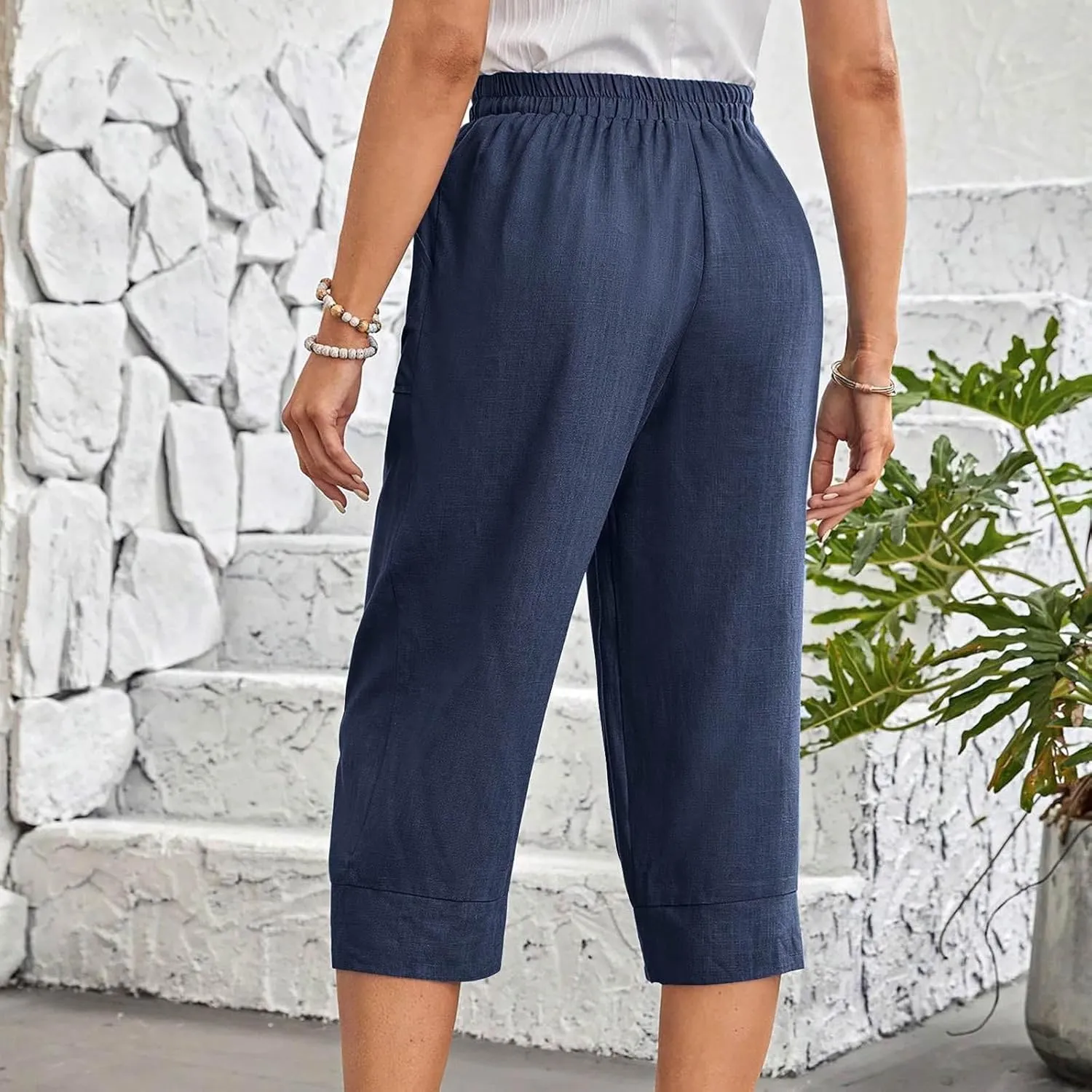 Womens Comfy Loose Linen Capris Shorts Cotton Hemp Sweatpants Lightweigt Beach Harem Pants Hawaiian Travel Mexico Vacation