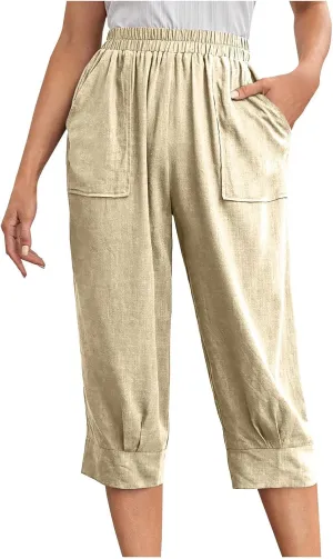 Womens Comfy Loose Linen Capris Shorts Cotton Hemp Sweatpants Lightweigt Beach Harem Pants Hawaiian Travel Mexico Vacation