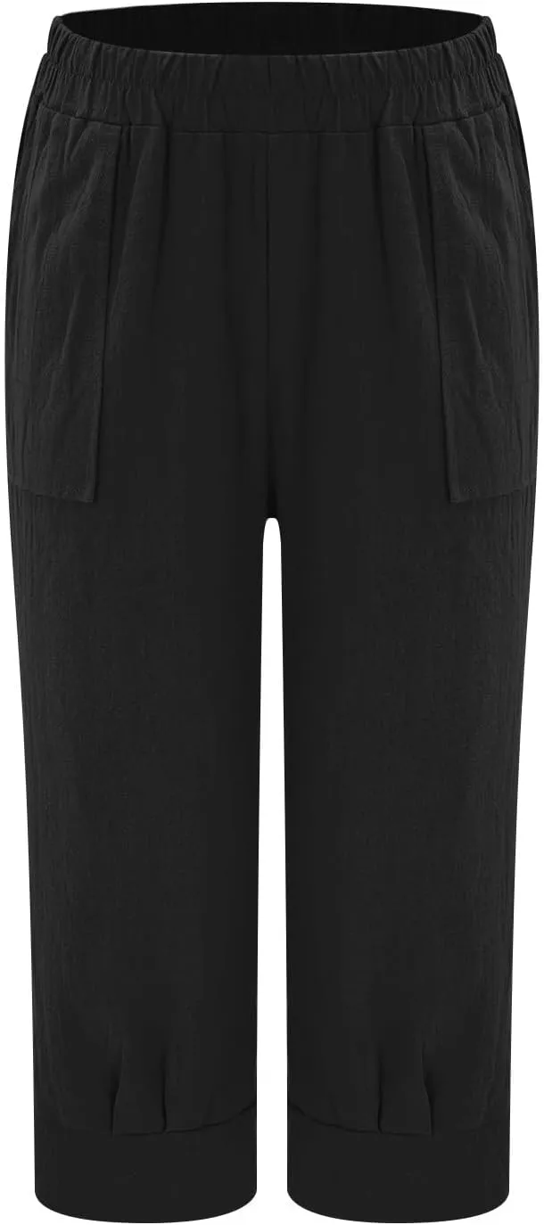 Womens Comfy Loose Linen Capris Shorts Cotton Hemp Sweatpants Lightweigt Beach Harem Pants Hawaiian Travel Mexico Vacation