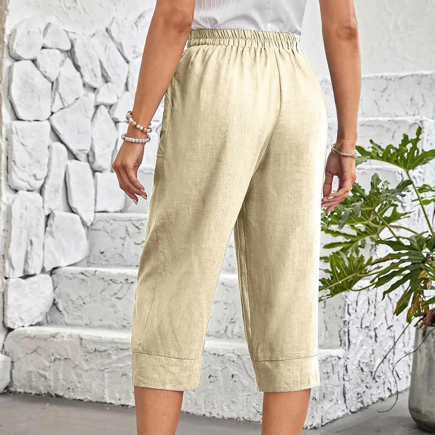 Womens Comfy Loose Linen Capris Shorts Cotton Hemp Sweatpants Lightweigt Beach Harem Pants Hawaiian Travel Mexico Vacation