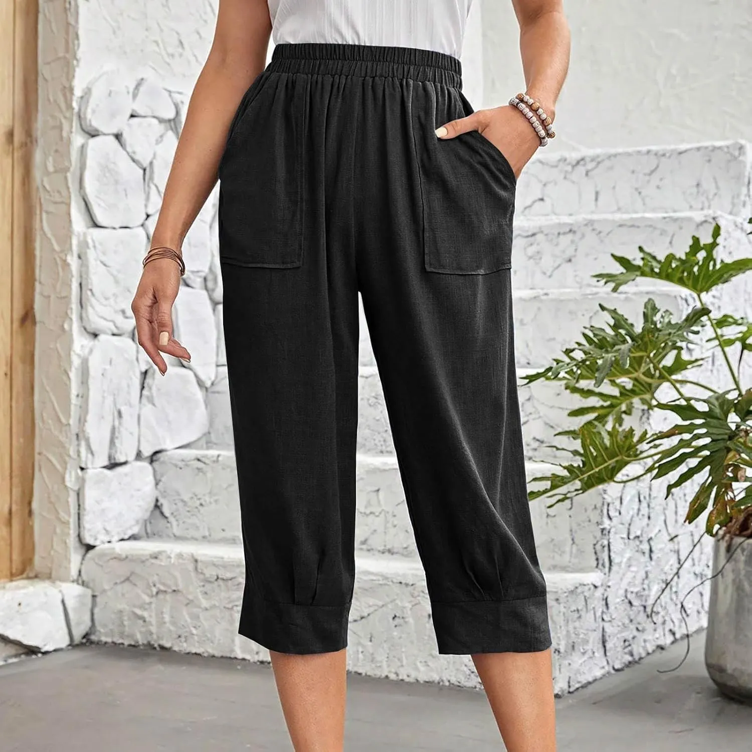 Womens Comfy Loose Linen Capris Shorts Cotton Hemp Sweatpants Lightweigt Beach Harem Pants Hawaiian Travel Mexico Vacation
