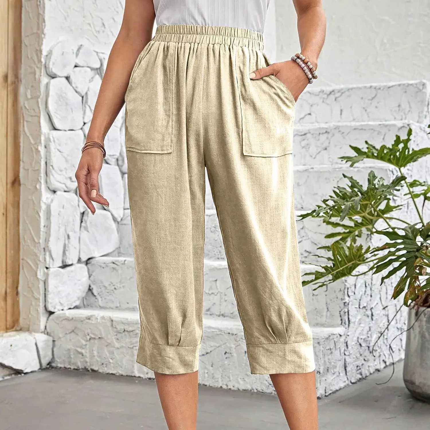 Womens Comfy Loose Linen Capris Shorts Cotton Hemp Sweatpants Lightweigt Beach Harem Pants Hawaiian Travel Mexico Vacation