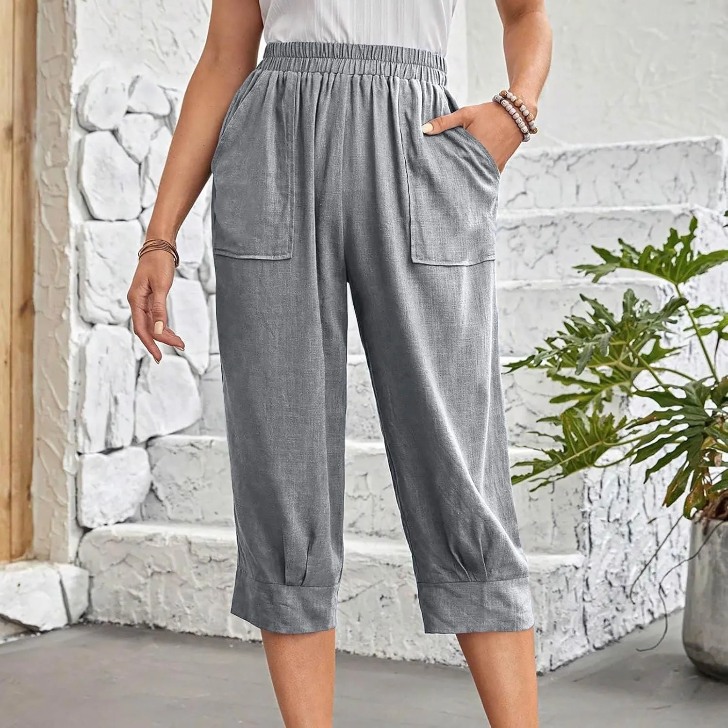 Womens Comfy Loose Linen Capris Shorts Cotton Hemp Sweatpants Lightweigt Beach Harem Pants Hawaiian Travel Mexico Vacation