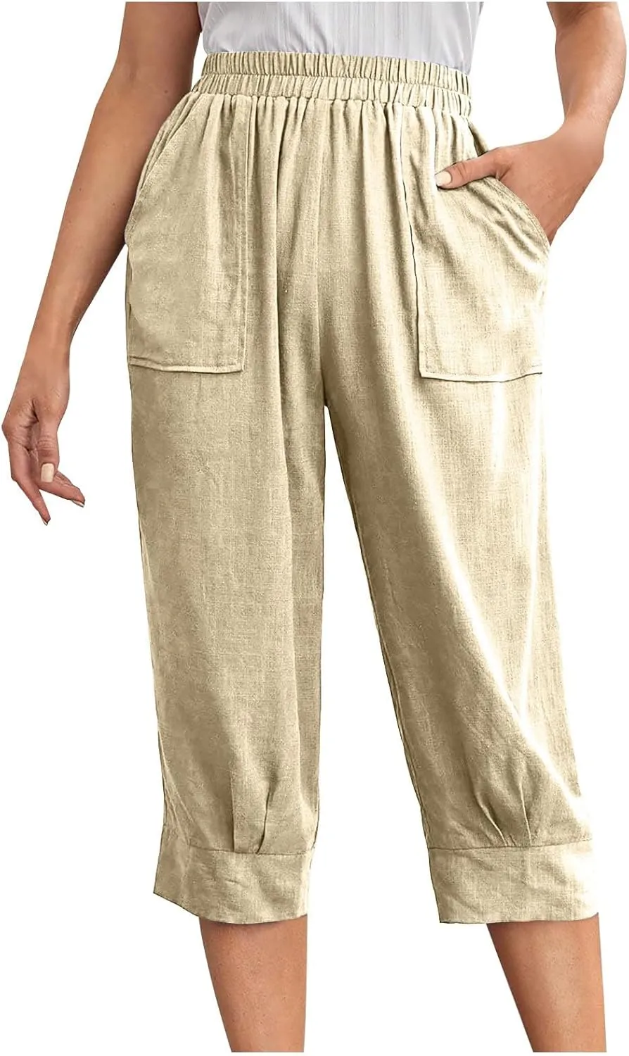 Womens Comfy Loose Linen Capris Shorts Cotton Hemp Sweatpants Lightweigt Beach Harem Pants Hawaiian Travel Mexico Vacation