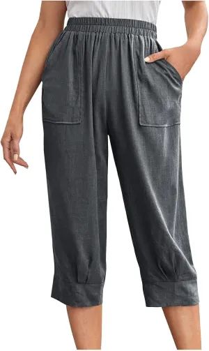 Womens Comfy Loose Linen Capris Shorts Cotton Hemp Sweatpants Lightweigt Beach Harem Pants Hawaiian Travel Mexico Vacation