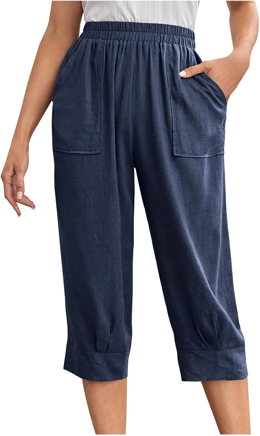 Womens Comfy Loose Linen Capris Shorts Cotton Hemp Sweatpants Lightweigt Beach Harem Pants Hawaiian Travel Mexico Vacation
