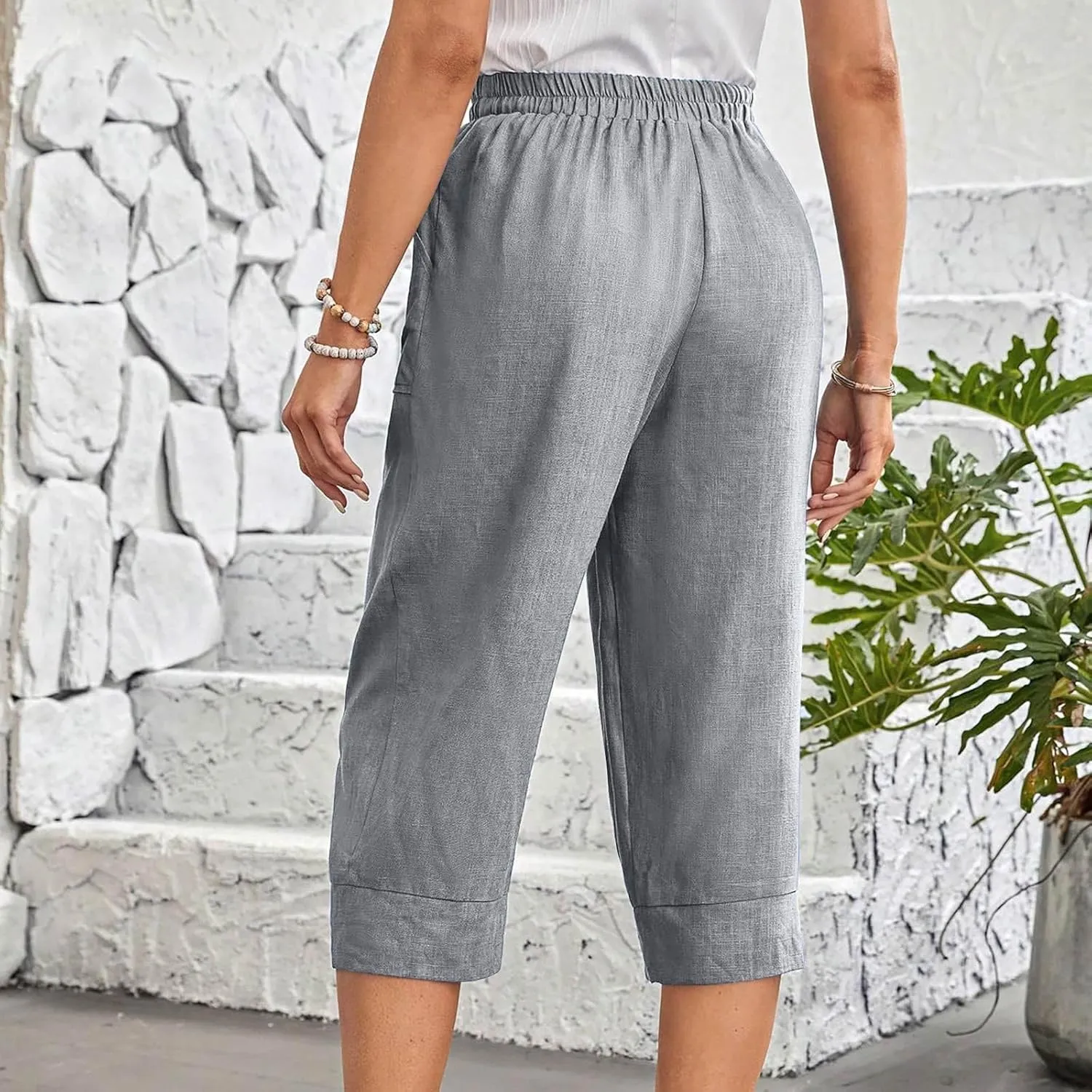 Womens Comfy Loose Linen Capris Shorts Cotton Hemp Sweatpants Lightweigt Beach Harem Pants Hawaiian Travel Mexico Vacation