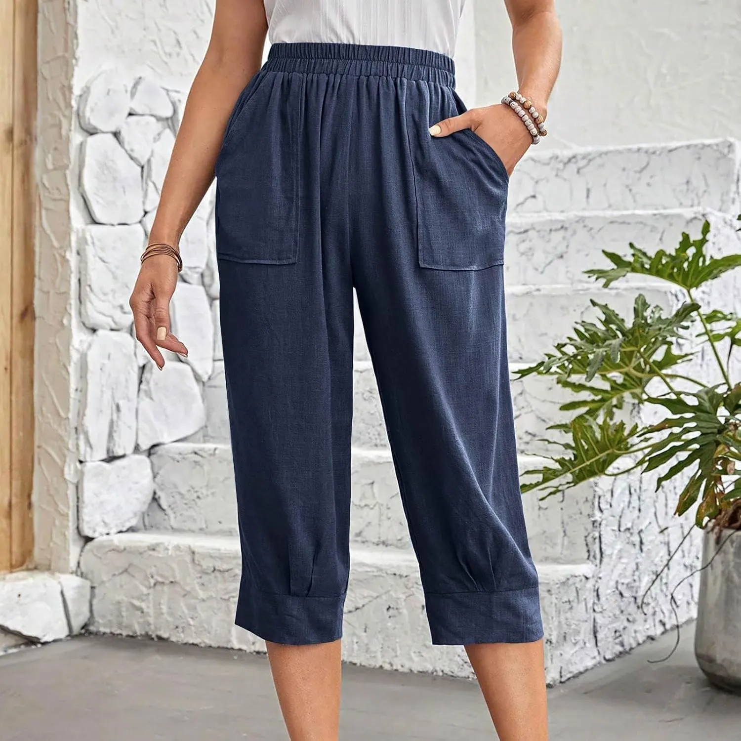 Womens Comfy Loose Linen Capris Shorts Cotton Hemp Sweatpants Lightweigt Beach Harem Pants Hawaiian Travel Mexico Vacation