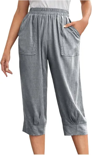 Womens Comfy Loose Linen Capris Shorts Cotton Hemp Sweatpants Lightweigt Beach Harem Pants Hawaiian Travel Mexico Vacation