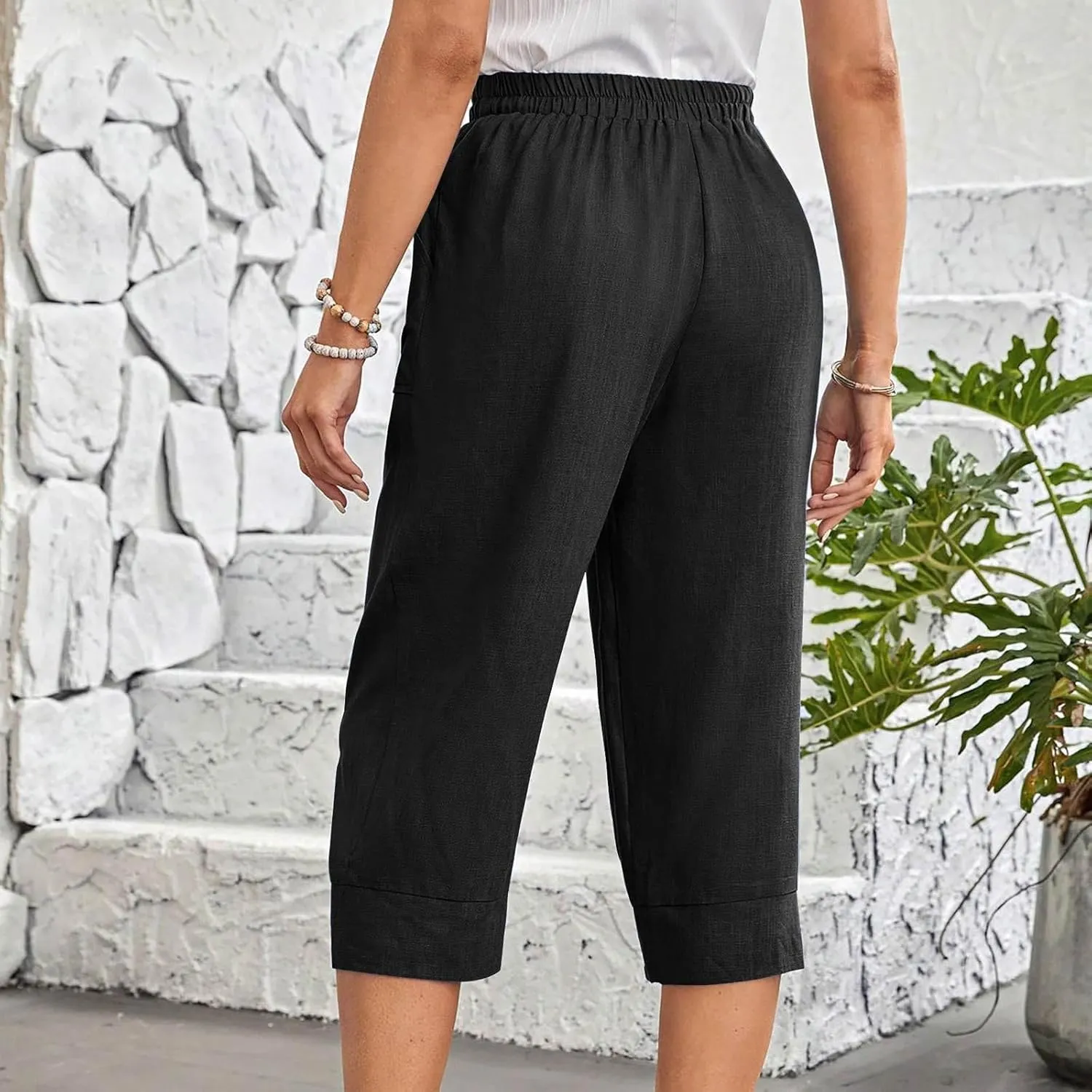 Womens Comfy Loose Linen Capris Shorts Cotton Hemp Sweatpants Lightweigt Beach Harem Pants Hawaiian Travel Mexico Vacation
