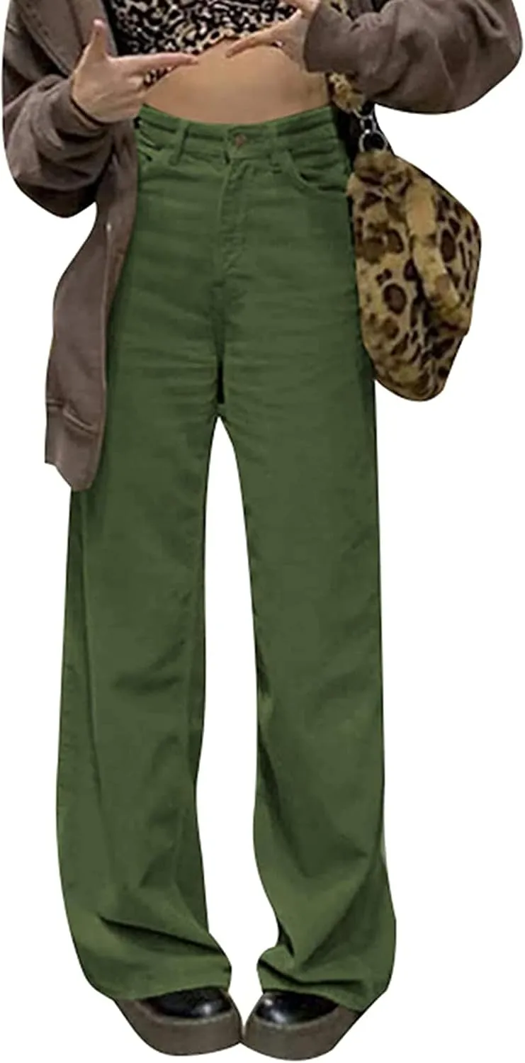 Women's Corduroy Pants High Waist Wide Leg Trousers with Pockets Comfy Loose Pants for Women Casual Straight Trousers