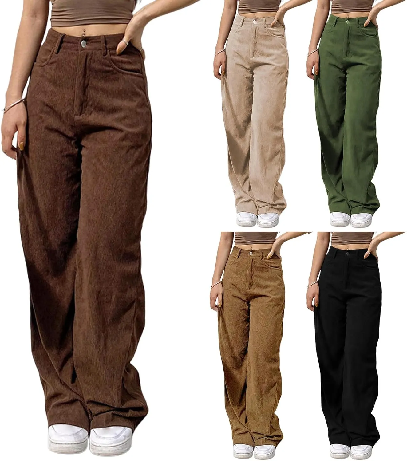 Women's Corduroy Pants High Waist Wide Leg Trousers with Pockets Comfy Loose Pants for Women Casual Straight Trousers