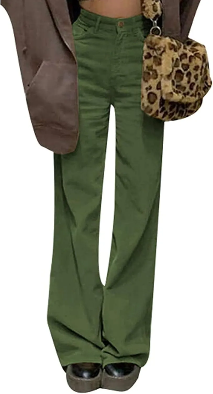 Women's Corduroy Pants High Waist Wide Leg Trousers with Pockets Comfy Loose Pants for Women Casual Straight Trousers
