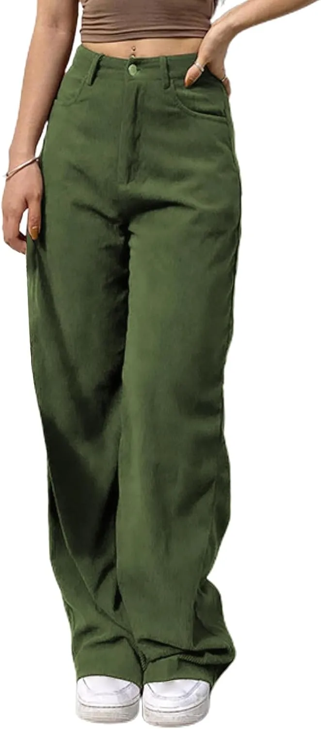Women's Corduroy Pants High Waist Wide Leg Trousers with Pockets Comfy Loose Pants for Women Casual Straight Trousers