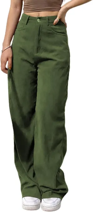 Women's Corduroy Pants High Waist Wide Leg Trousers with Pockets Comfy Loose Pants for Women Casual Straight Trousers