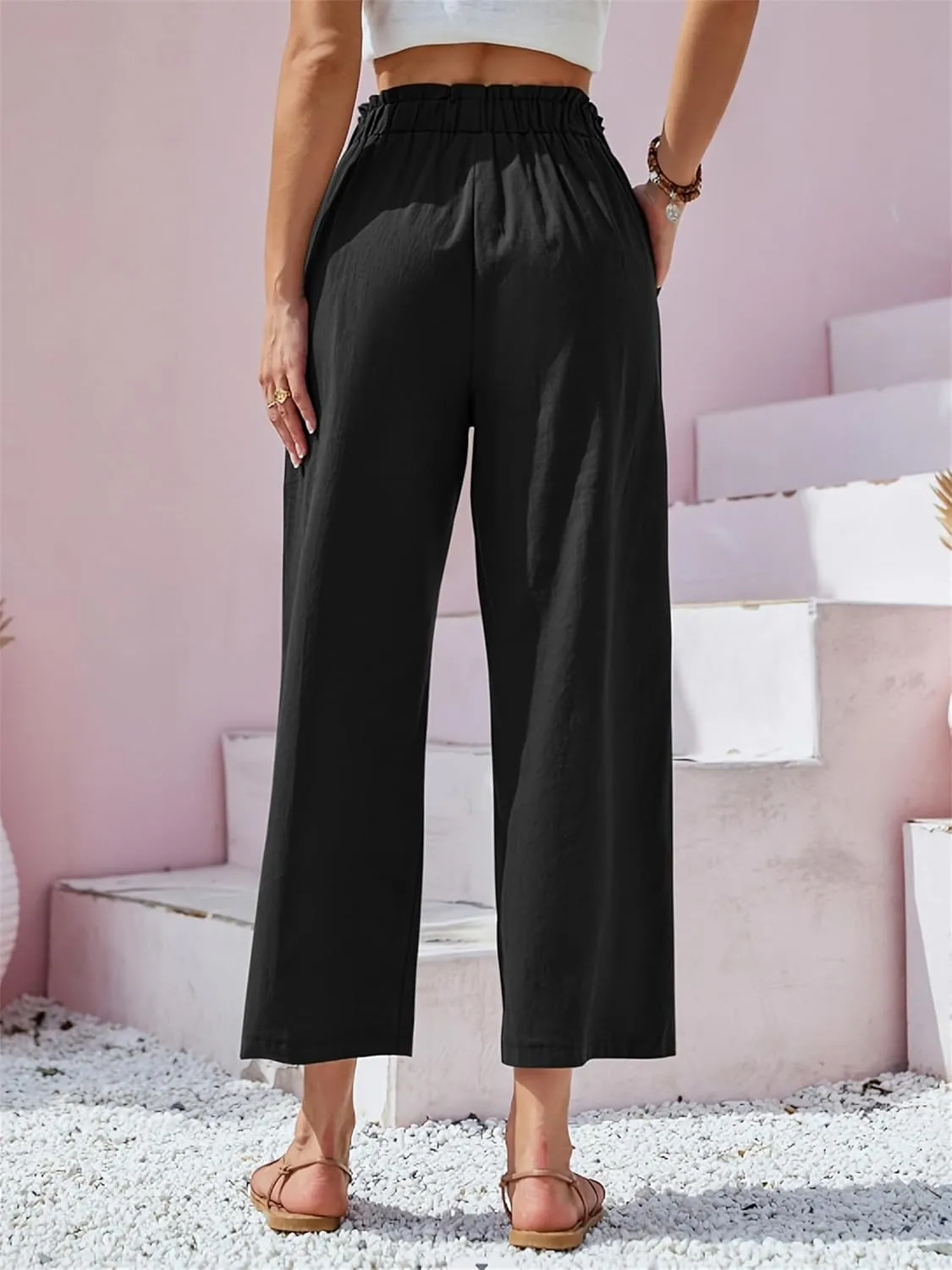 Womens Cotton Linen Palazzo Pants Elastic Waist Casual Wide Leg Trousers Cropped Linen Pants Women Summer with Pocket