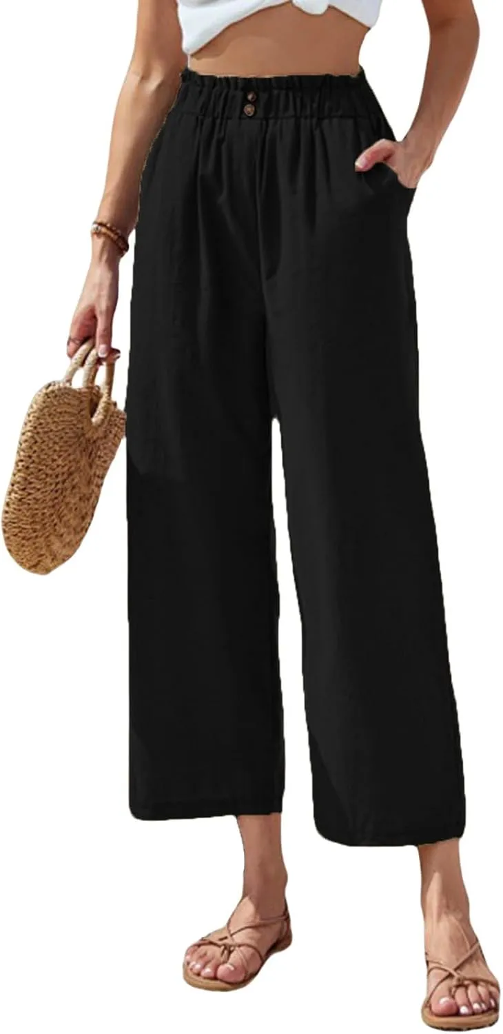 Womens Cotton Linen Palazzo Pants Elastic Waist Casual Wide Leg Trousers Cropped Linen Pants Women Summer with Pocket