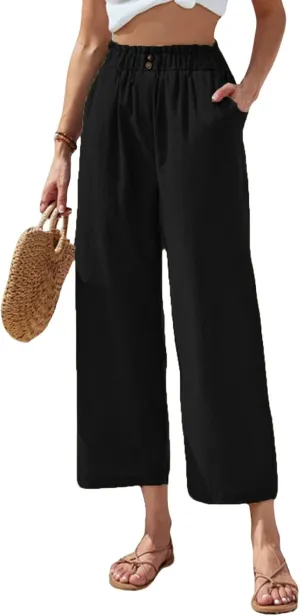 Womens Cotton Linen Palazzo Pants Elastic Waist Casual Wide Leg Trousers Cropped Linen Pants Women Summer with Pocket