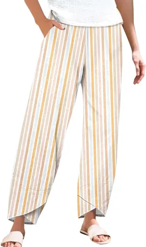 Women's Cotton Linen Pants Casual Cropped Baggy Trousers Comfy Loose Palazzo Pants with Womens High