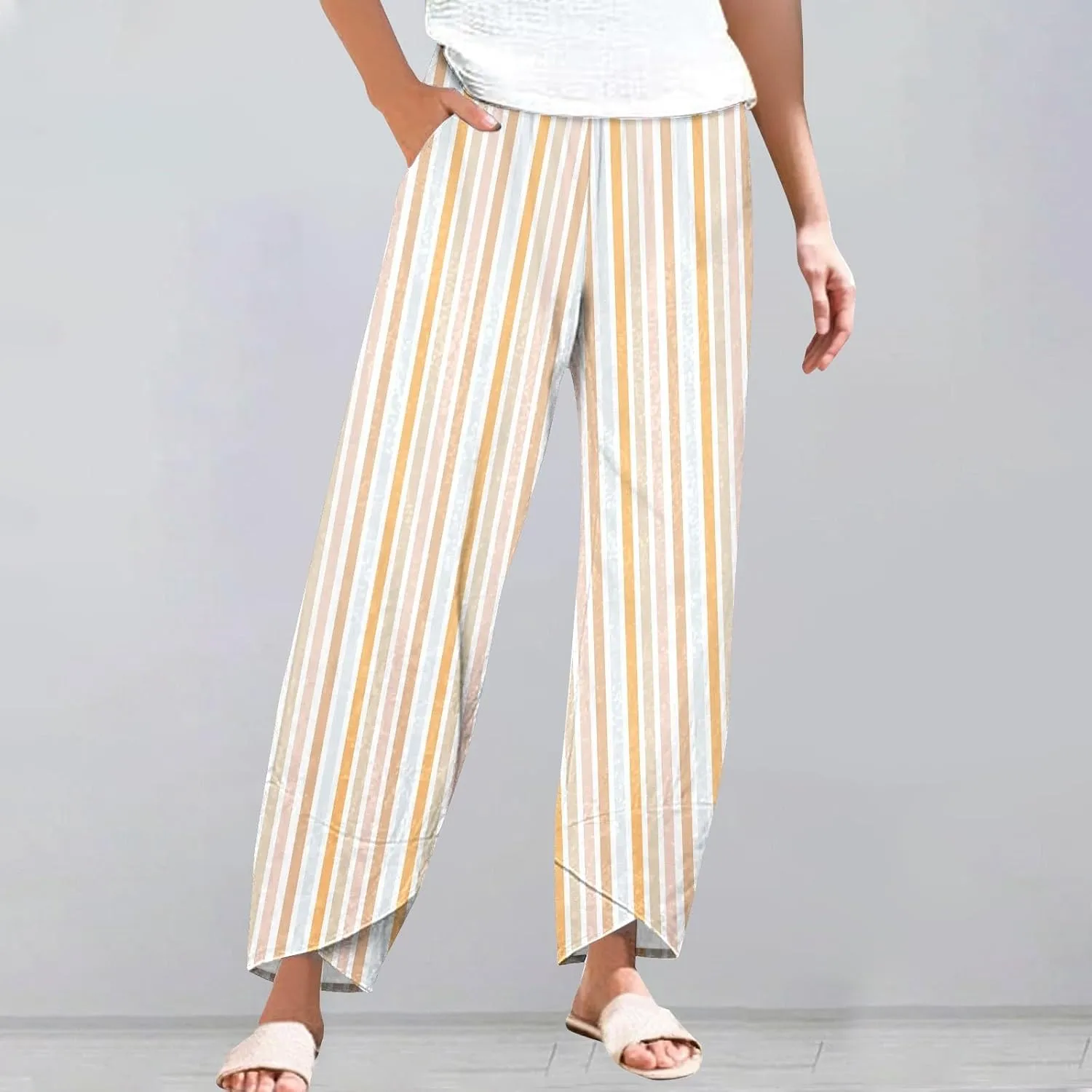 Women's Cotton Linen Pants Casual Cropped Baggy Trousers Comfy Loose Palazzo Pants with Womens High