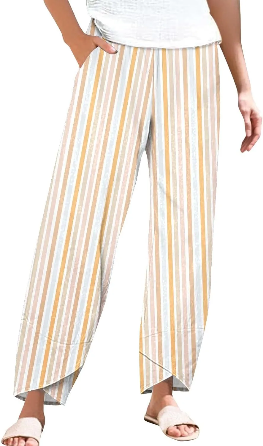 Women's Cotton Linen Pants Casual Cropped Baggy Trousers Comfy Loose Palazzo Pants with Womens High