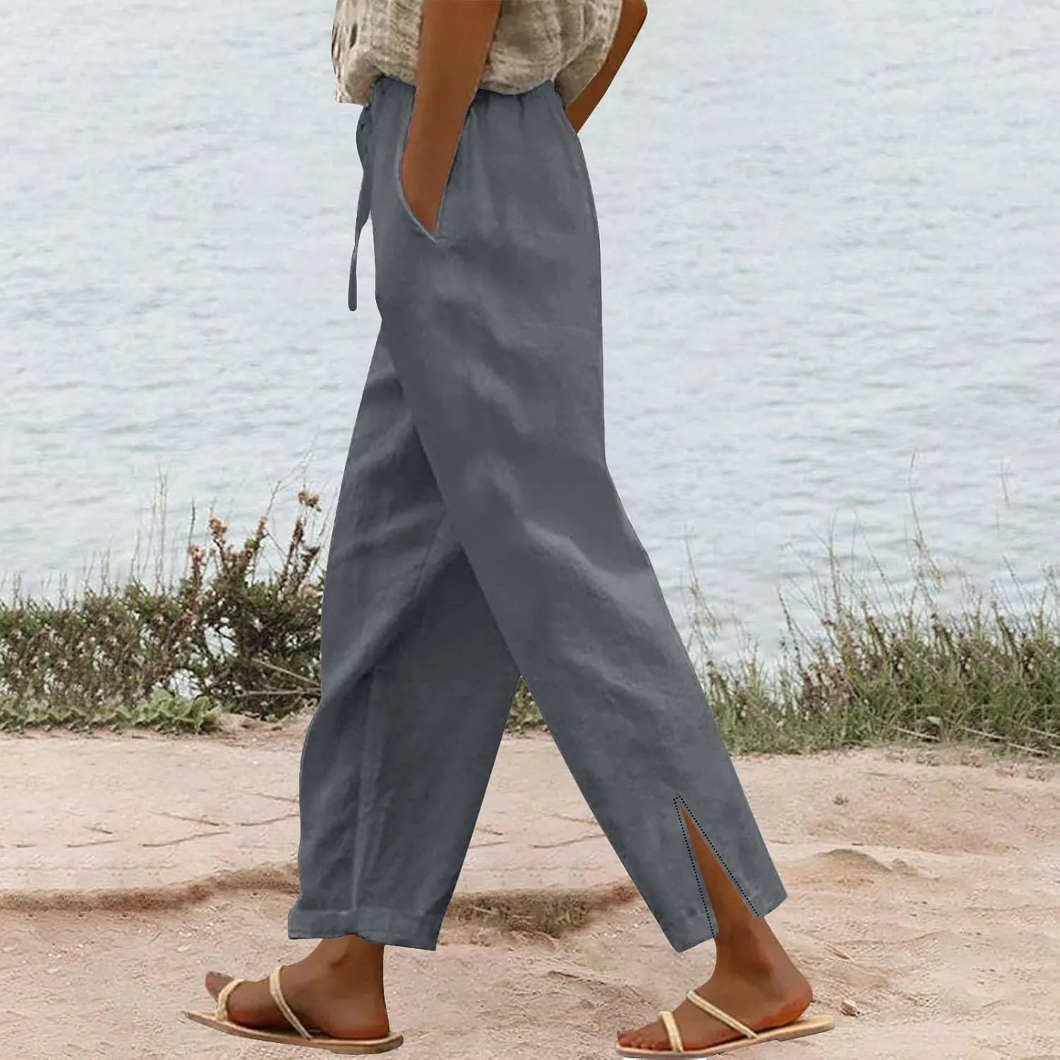 Womens Cotton Linen Pants Pants with Pockets Wide Leg Cropped for Women Side Button Casual Cropped Linen