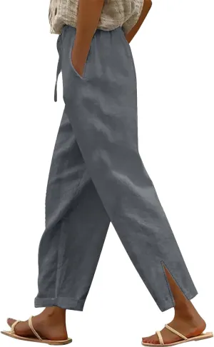 Womens Cotton Linen Pants Pants with Pockets Wide Leg Cropped for Women Side Button Casual Cropped Linen