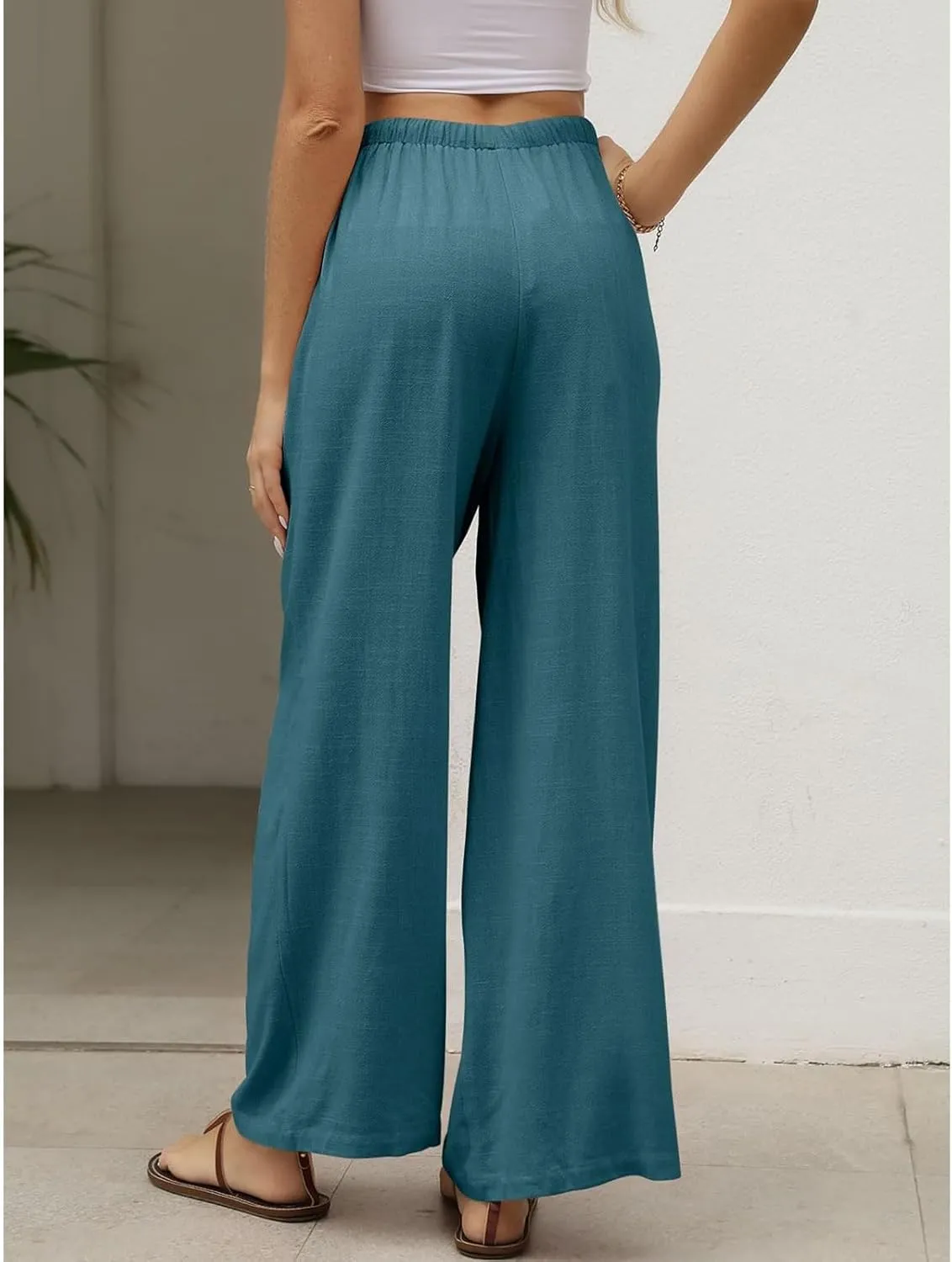 Women's Cotton Linen Summer Palazzo Pants High Waisted Drawstring Wide Leg Pants Beach Flowy Trousers with Pockets