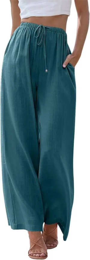 Women's Cotton Linen Summer Palazzo Pants High Waisted Drawstring Wide Leg Pants Beach Flowy Trousers with Pockets