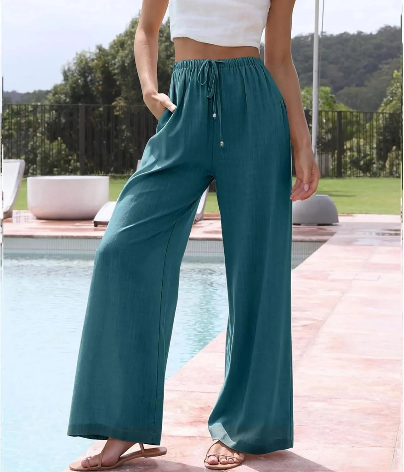 Women's Cotton Linen Summer Palazzo Pants High Waisted Drawstring Wide Leg Pants Beach Flowy Trousers with Pockets