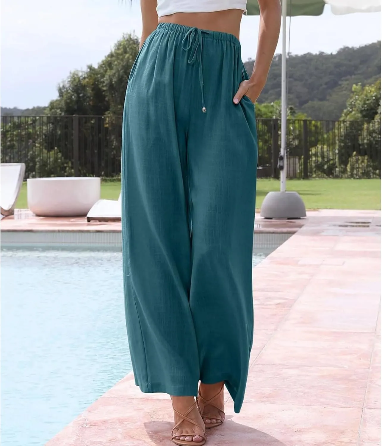 Women's Cotton Linen Summer Palazzo Pants High Waisted Drawstring Wide Leg Pants Beach Flowy Trousers with Pockets