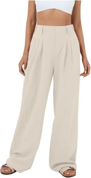 Womens Cotton Palazzo Pants Dressy Elastic High Waist Casual Pant Comfy Loose Solid Wide Leg Trousers with Pockets