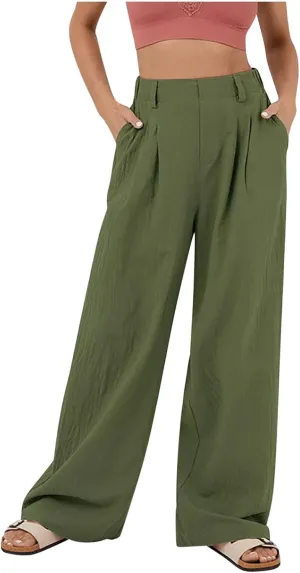 Womens Cotton Palazzo Pants Dressy Elastic High Waist Casual Pant Comfy Loose Solid Wide Leg Trousers with Pockets