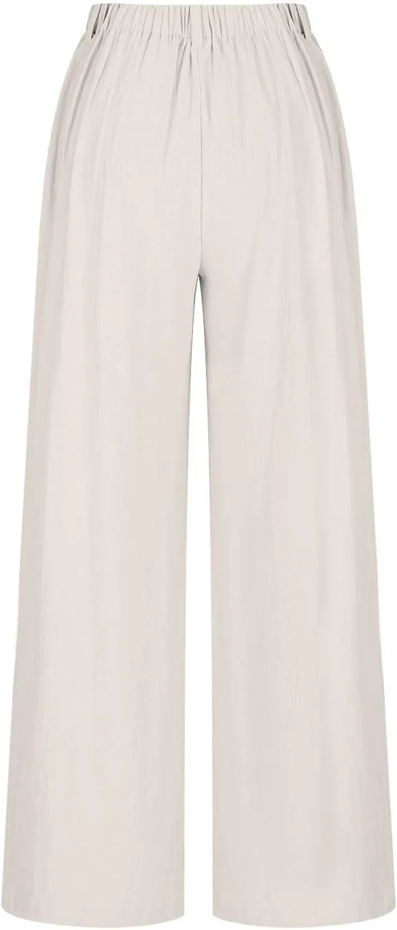 Womens Cotton Palazzo Pants Dressy Elastic High Waist Casual Pant Comfy Loose Solid Wide Leg Trousers with Pockets