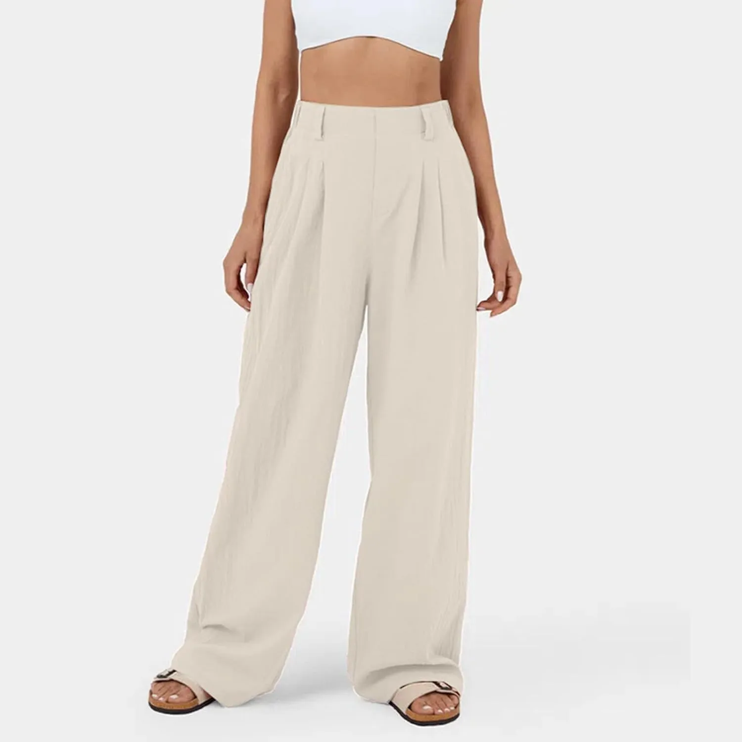 Womens Cotton Palazzo Pants Dressy Elastic High Waist Casual Pant Comfy Loose Solid Wide Leg Trousers with Pockets