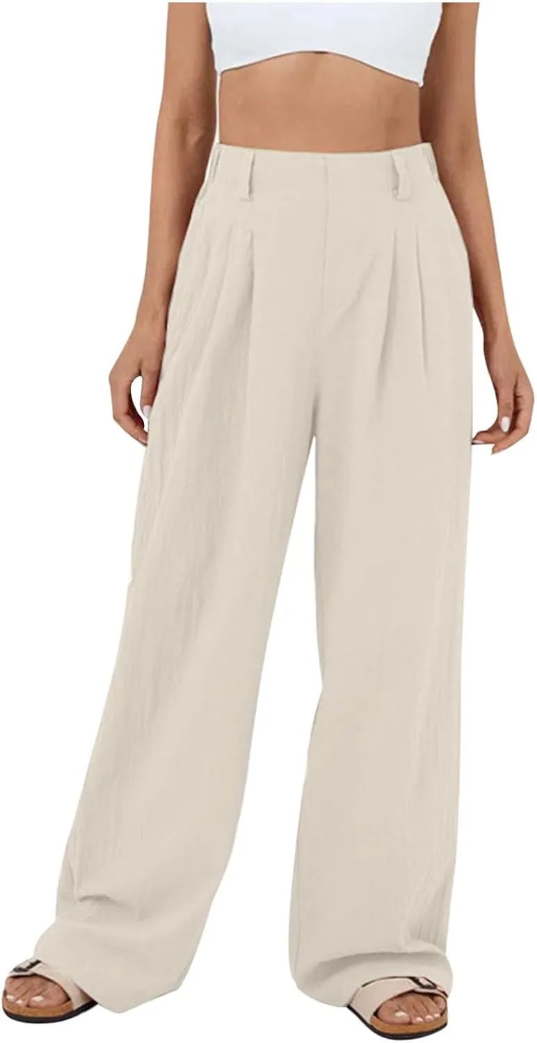 Womens Cotton Palazzo Pants Dressy Elastic High Waist Casual Pant Comfy Loose Solid Wide Leg Trousers with Pockets