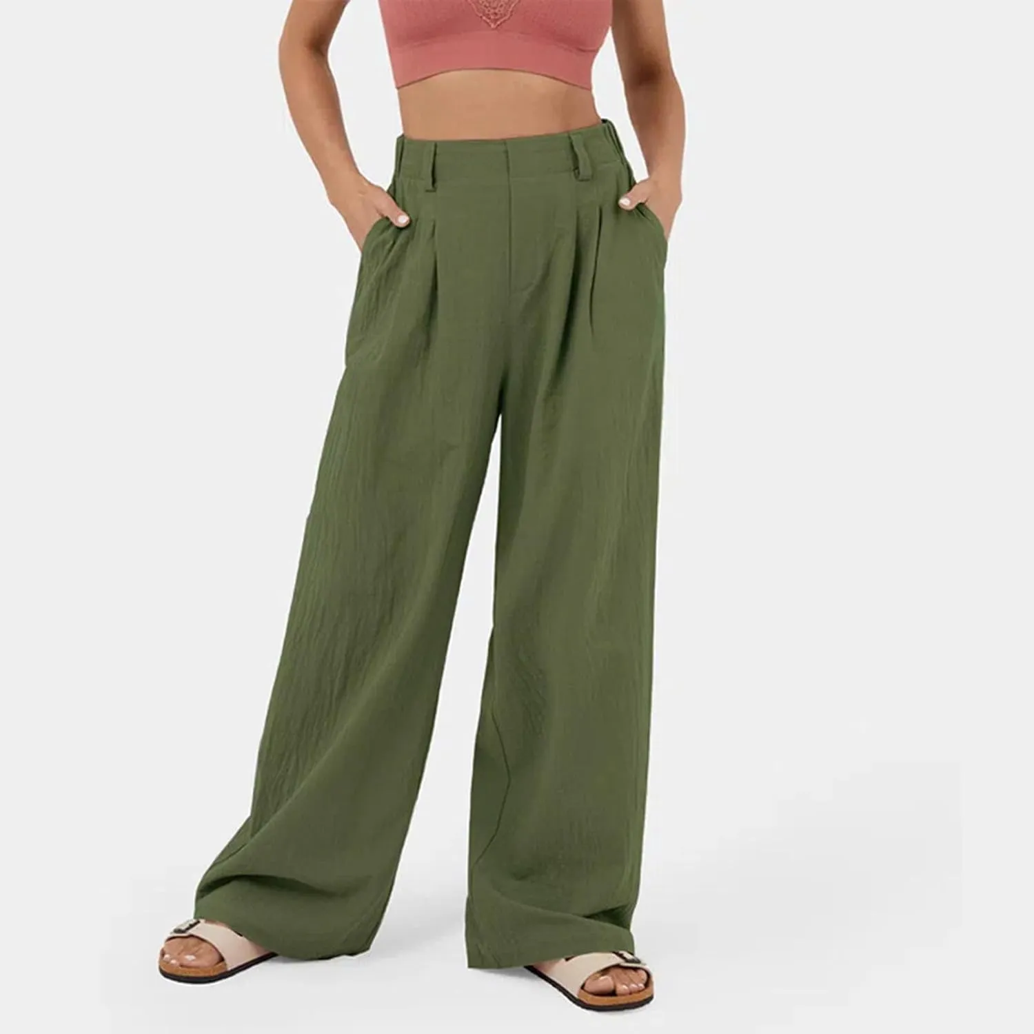 Womens Cotton Palazzo Pants Dressy Elastic High Waist Casual Pant Comfy Loose Solid Wide Leg Trousers with Pockets