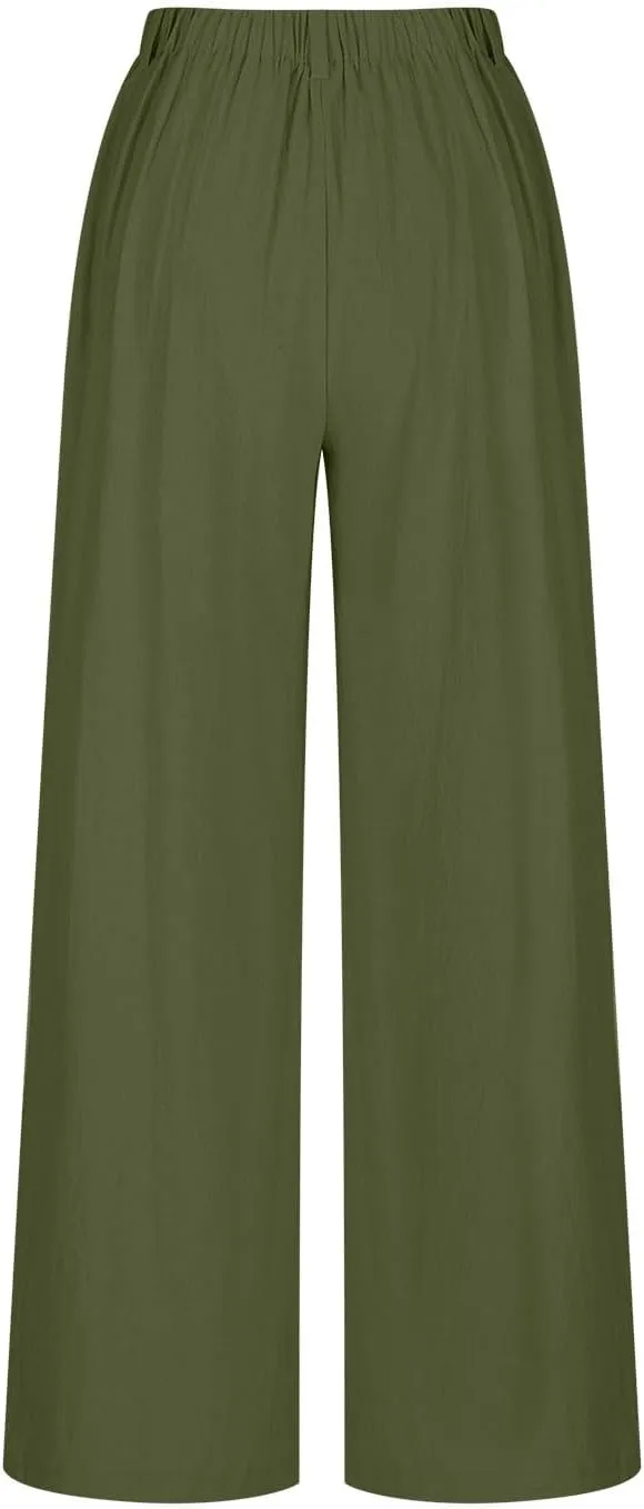 Womens Cotton Palazzo Pants Dressy Elastic High Waist Casual Pant Comfy Loose Solid Wide Leg Trousers with Pockets