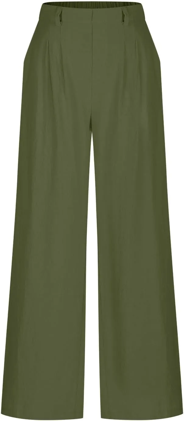 Womens Cotton Palazzo Pants Dressy Elastic High Waist Casual Pant Comfy Loose Solid Wide Leg Trousers with Pockets