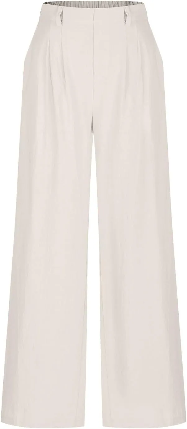 Womens Cotton Palazzo Pants Dressy Elastic High Waist Casual Pant Comfy Loose Solid Wide Leg Trousers with Pockets