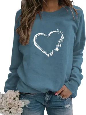 Womens Cute Camping Sweatshirt Heart Graphic Print Long Sleeve Crew Neck Lightweight Pullovers Tops Comfy Loose Shirts