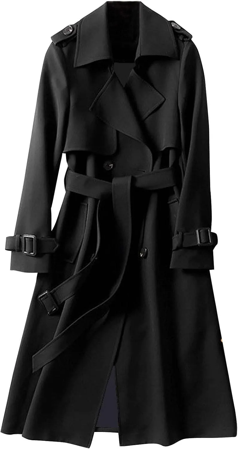 Women's Double Breasted Long Trench Coat Belted Notch Lapel Overcoat Windproof Classic Outerwear