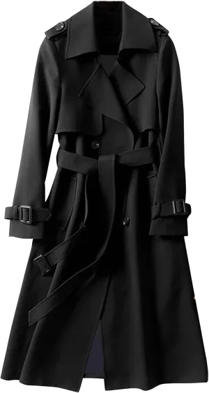 Women's Double Breasted Long Trench Coat Belted Notch Lapel Overcoat Windproof Classic Outerwear