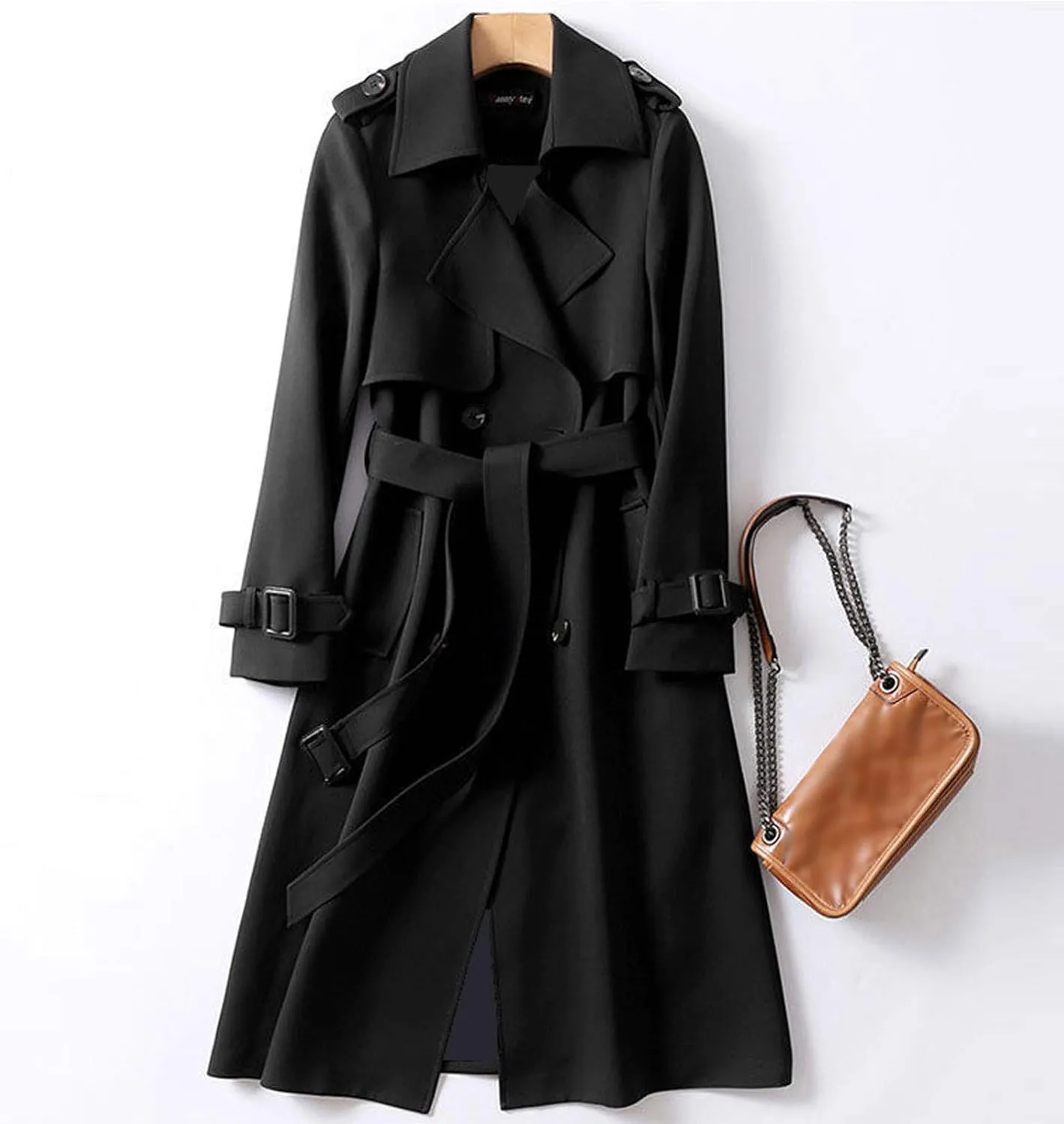 Women's Double Breasted Long Trench Coat Belted Notch Lapel Overcoat Windproof Classic Outerwear