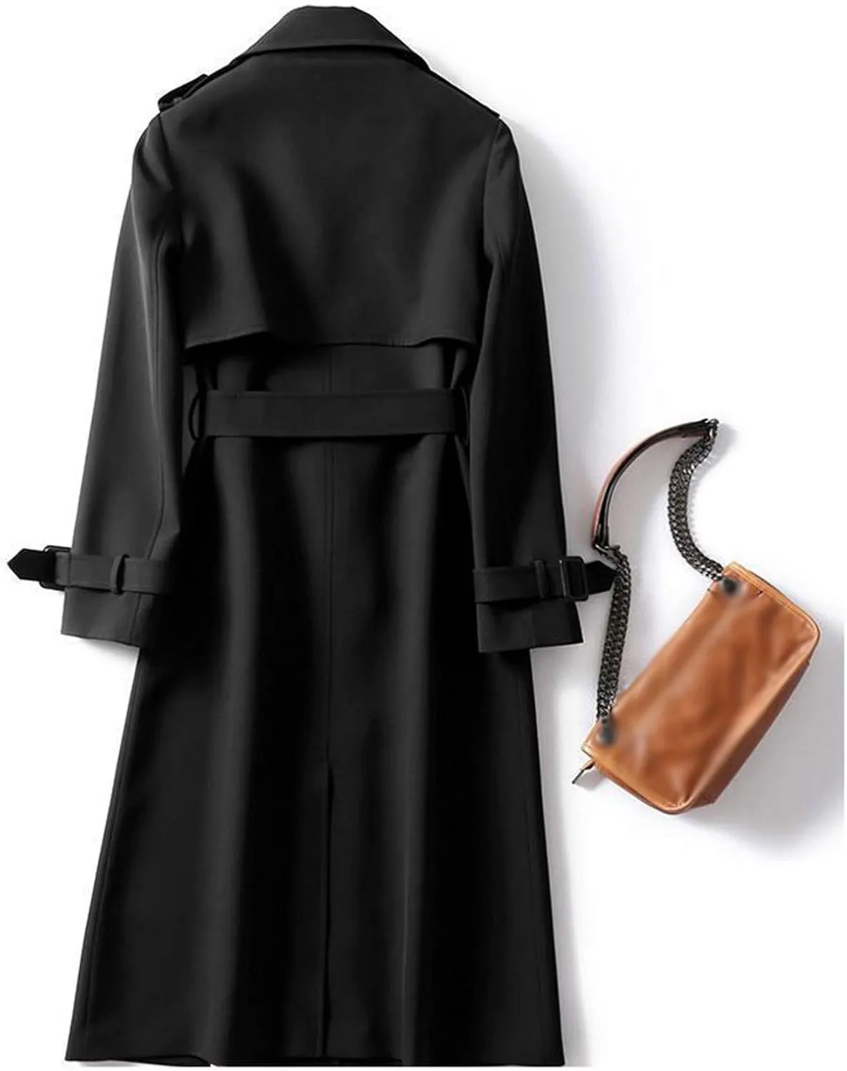 Women's Double Breasted Long Trench Coat Belted Notch Lapel Overcoat Windproof Classic Outerwear