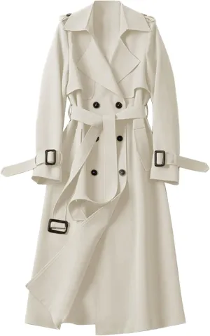 Women's Double Breasted Long Trench Coat Windproof Classic Lapel Slim Overcoat with Belt