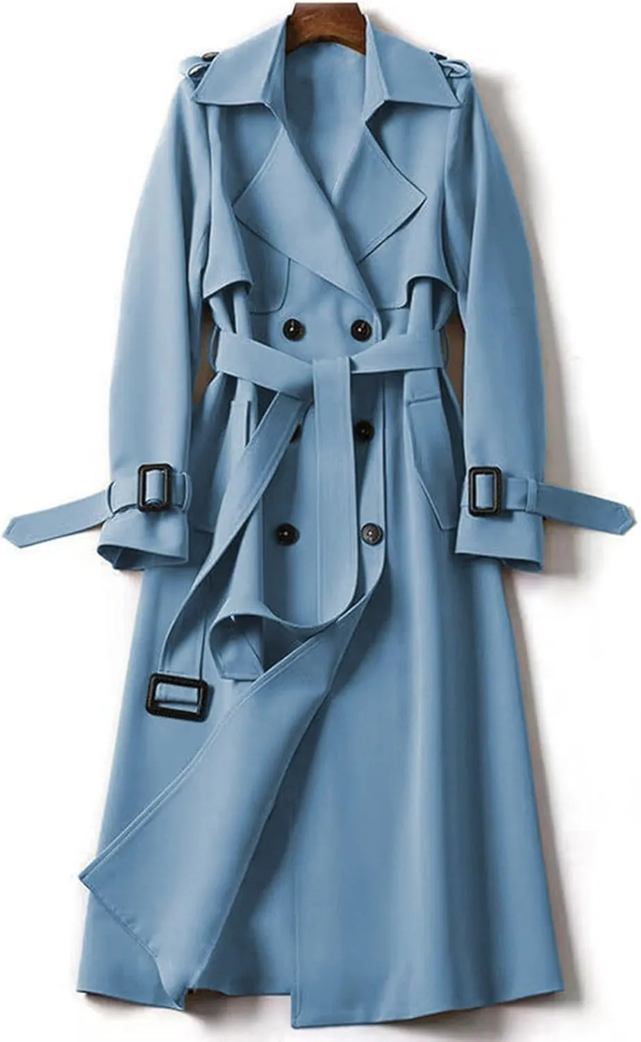 Women's Double Breasted Long Trench Coat Windproof Classic Lapel Slim Overcoat with Belt