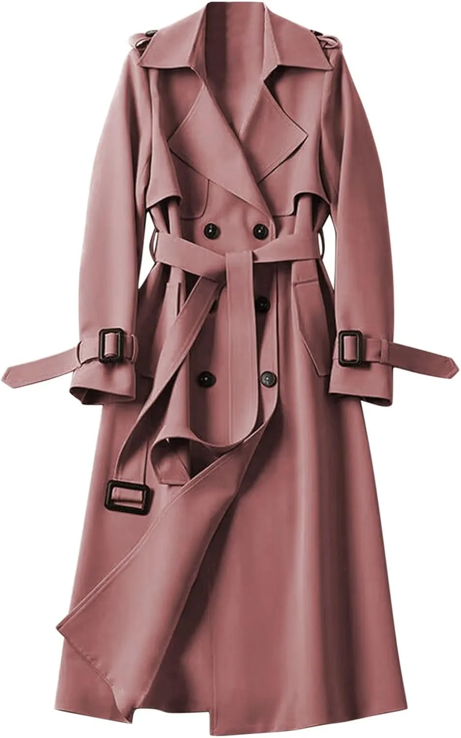 Women's Double Breasted Long Trench Coat Windproof Classic Lapel Slim Overcoat with Belt