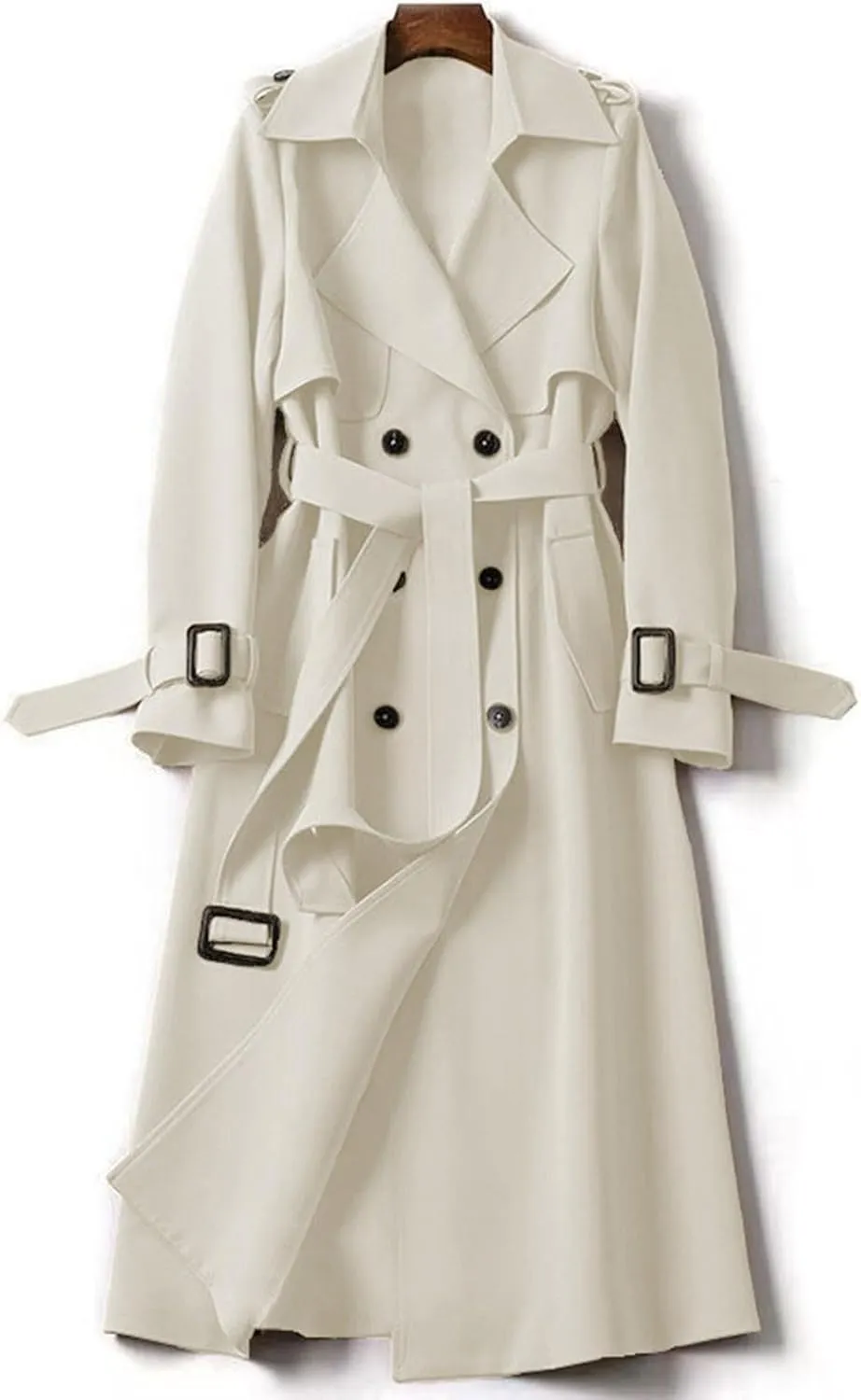 Women's Double Breasted Long Trench Coat Windproof Classic Lapel Slim Overcoat with Belt